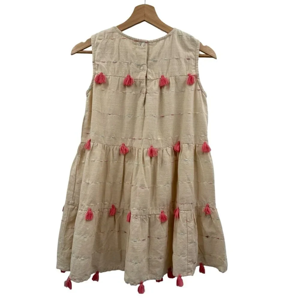 Poppet & Fox Girls Tiered 100% Cotton Tassel Dress in Cream | Size 10